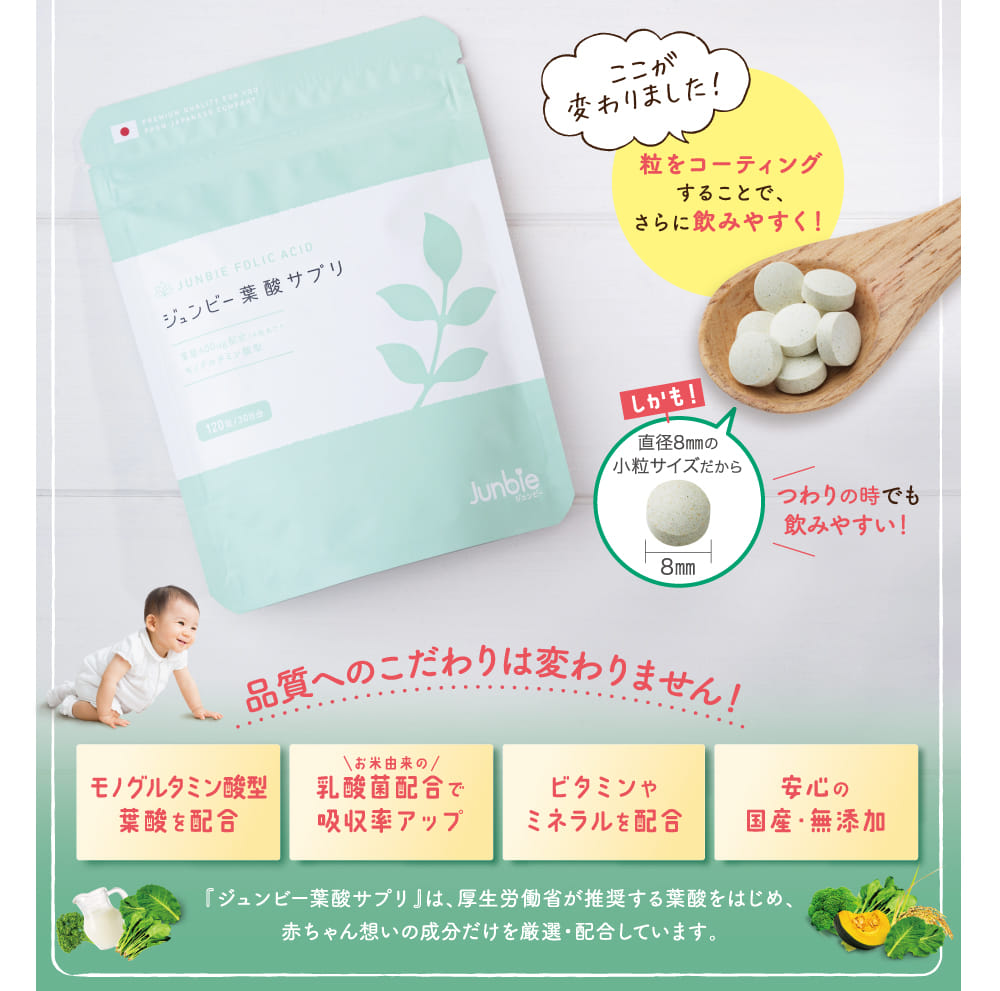 『ジュンビー葉酸サプリ』は、厚生労働省が推奨する葉酸をはじめ、赤ちゃん想いの成分だけを厳選・配合しています。